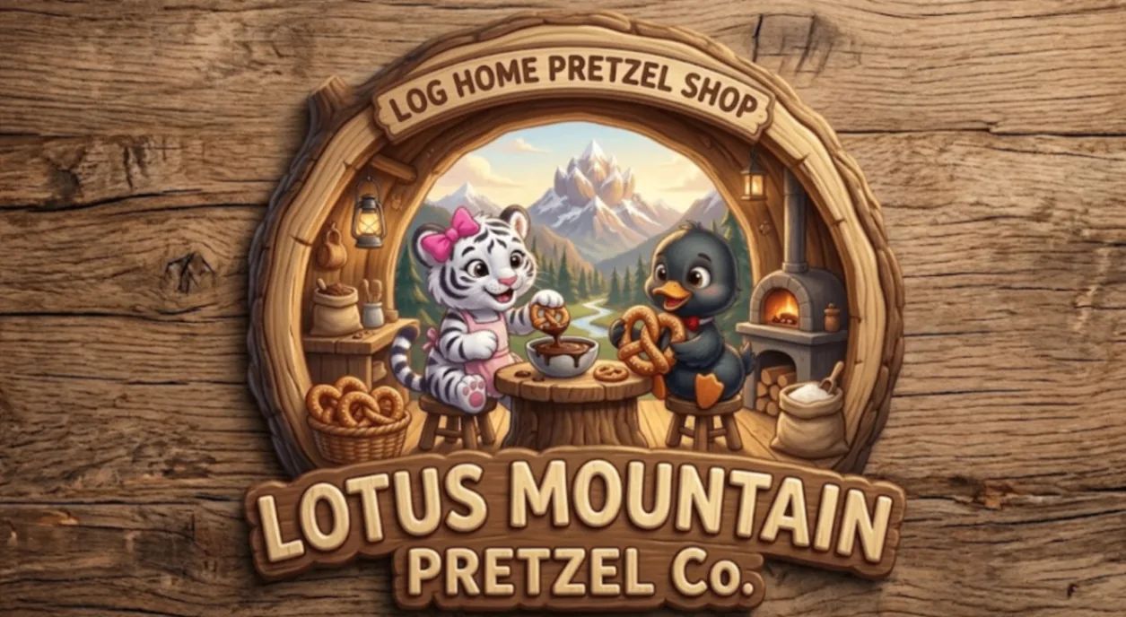 Lotus Mountain Pretzel Co. logo, featuring a cozy pretzel shop in the mountains